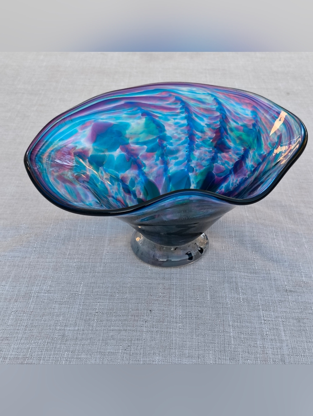 De Flute Style Purple Blue Design Art Glass Bowl